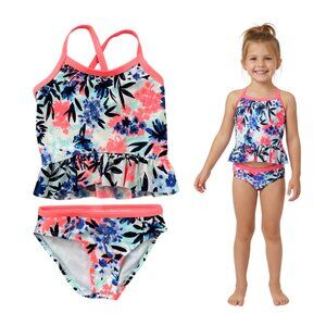 Gymboree Bikini Girls Small 5-6 T Swimsuit Two Piece Ruffled Flowers Neon Pink
